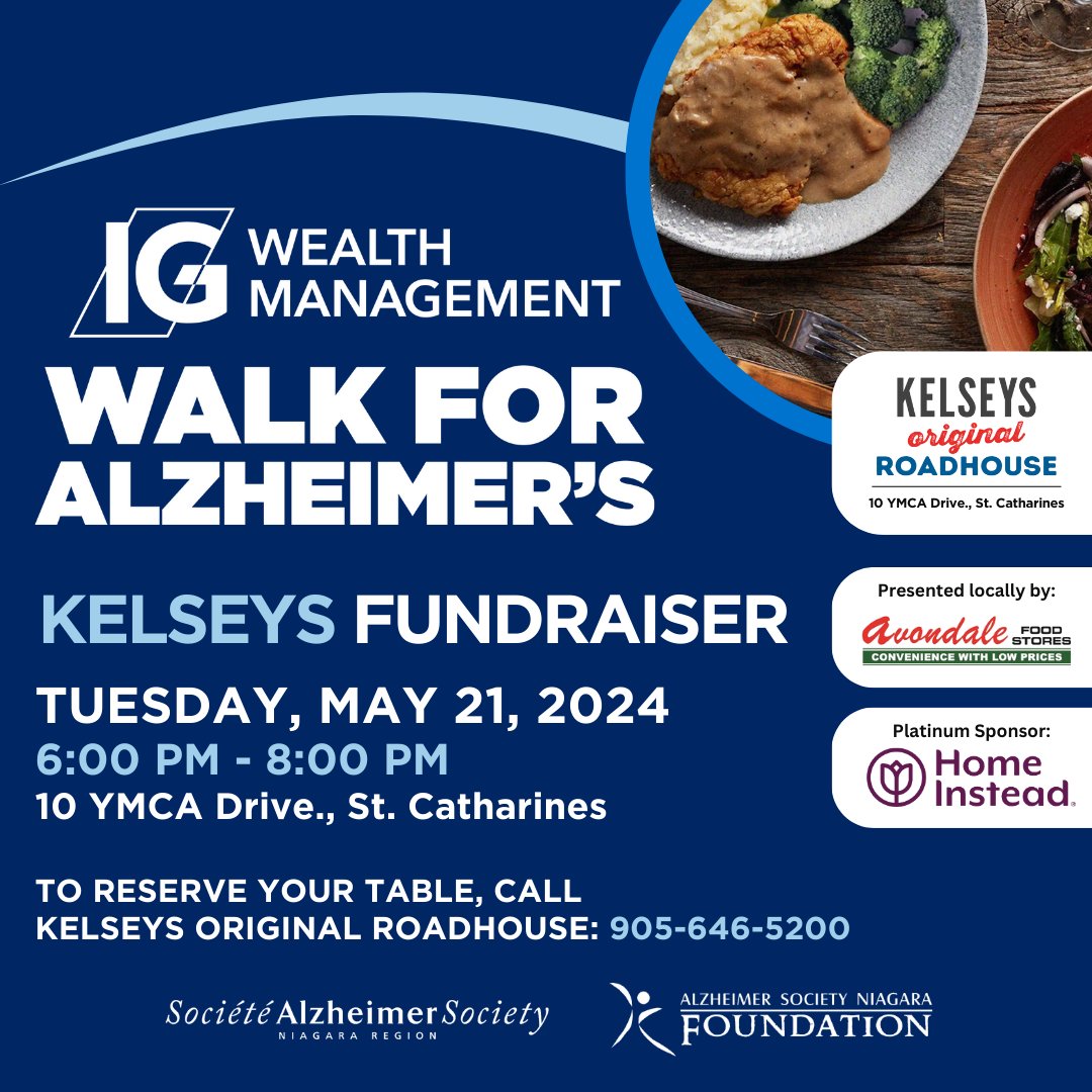 Our @IGWealthMgmt Walk for Alzheimer's Fundraising Dinner is TOMORROW!

Get the family together and join us at @kelseys (10 YMCA Drive, St. Catharines) from 6- 8pm Part of your bill will be donated back to the ASNR!

Reserve now: 905-646-5200

#IGWalkForAlz #AlzheimerNiagara