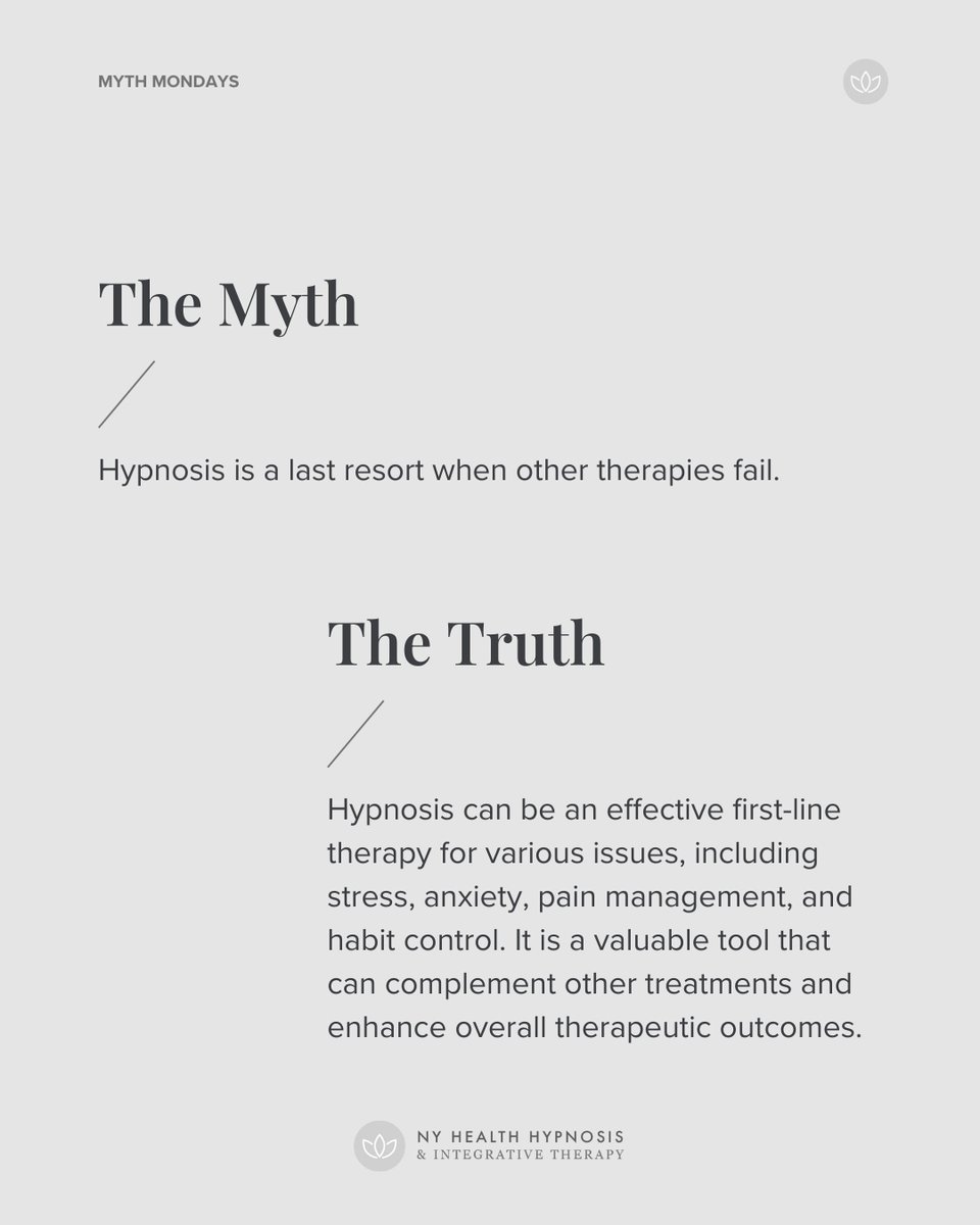 #MythMonday: Hypnosis is a last resort when other therapies fail.

Truth: Hypnosis can be an effective first-line therapy for stress, anxiety, pain management, and habit control.

Learn more about our approach at nyhealthhypnosis.com/getting-started.