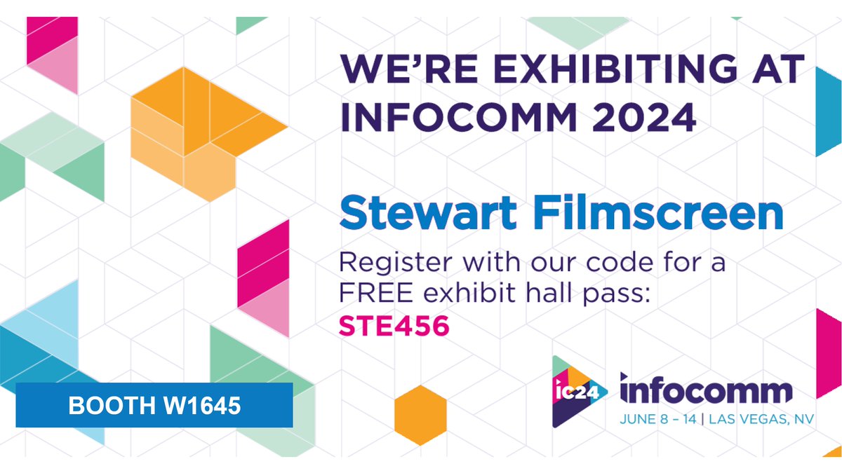We can't wait to see you at InfoComm 2024! Stewart Filmscreen is showing off new motorized screens, fresh pricing, and innovative screen materials at Booth W1645. Plus, experience our award-winning Phantom HALR Plus and GrayMatte 70 #infocomm #stewartfilmscreen