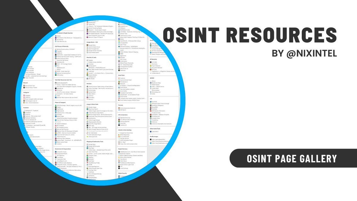 🚀 Check out this amazing collection of OSINT resources, organized by @nixintel ! 📚 🔹 Tools for: Twitter, Instagram, YouTube 🌐 Network Investigations 📡 IOT 🔍 Google Dorks + CSE 🐍 Python OSINT tools More! 👉 start.me/p/rx6Qj8/nixin… #OSINT #CyberSecurity #InfoSec