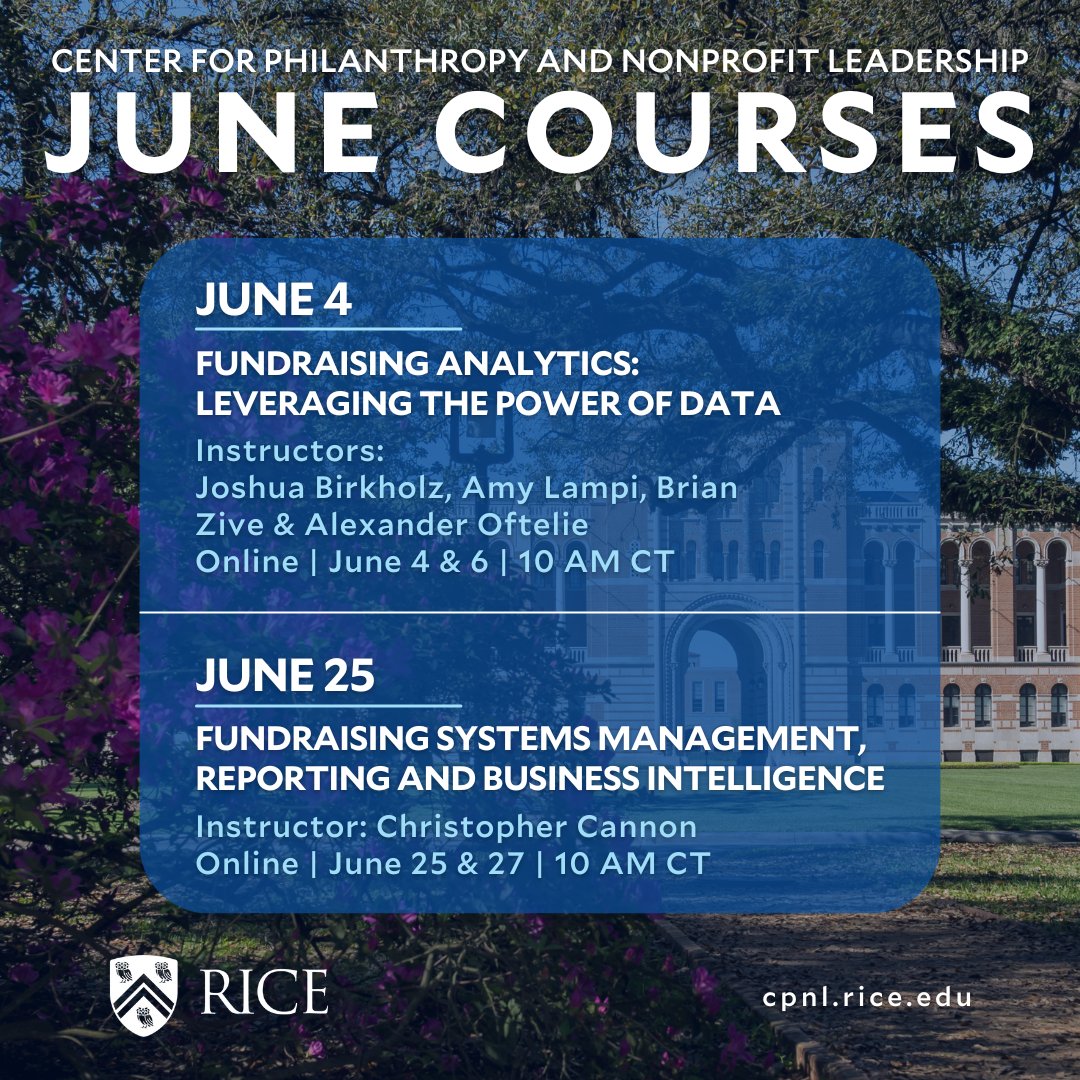 Unlock the power of data for fundraising success! Join @RiceUniversity's Center for Philanthropy & Nonprofit Leadership this June for the last of our Spring 2024 courses. Elevate your reporting & data management skills. Enroll now! hubs.la/Q02xqshT0 #fundraiser #nonprofit