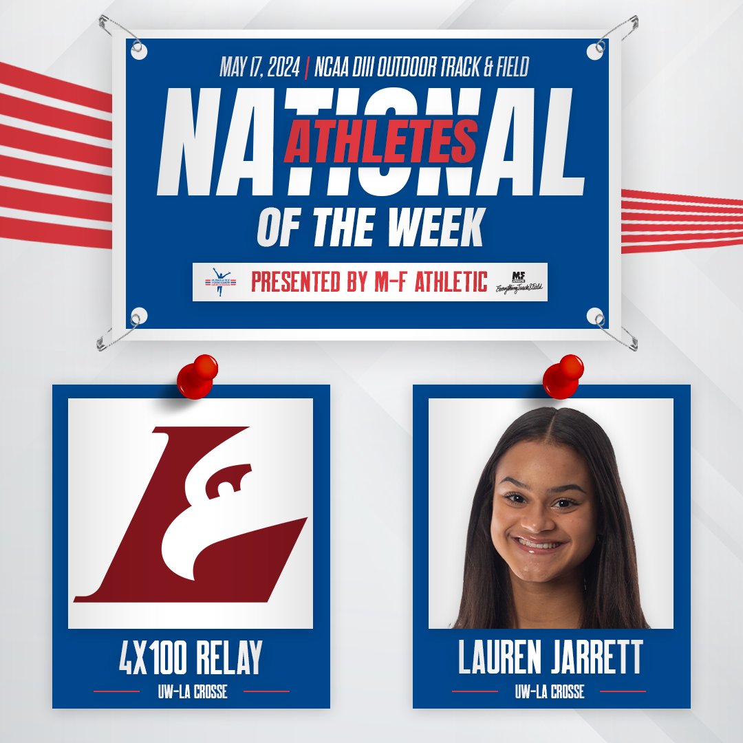 Here are our @EverythingTF National Athletes of the Week in @NCAADIII Outdoor Track & Field for May 20, 2024! M - @UWLMensTF 4x100 relay W - Lauren Jarrett, @UWL_WomensTrack These athletes sprinted into the record book. ustfccca.org/2024/05/featur…