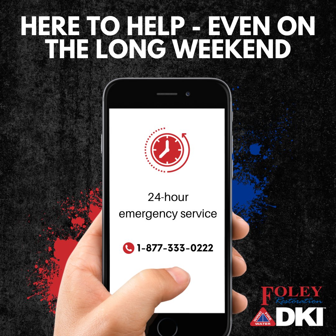 No matter how or when disaster strikes, you can count on the professionals at DKI – Foley Restoration. Our dedicated team is on standby 24/7 - even over the long weekend - so we’re always ready whenever you need us.

For 24/7 emergency services, call 1-877-333-0222