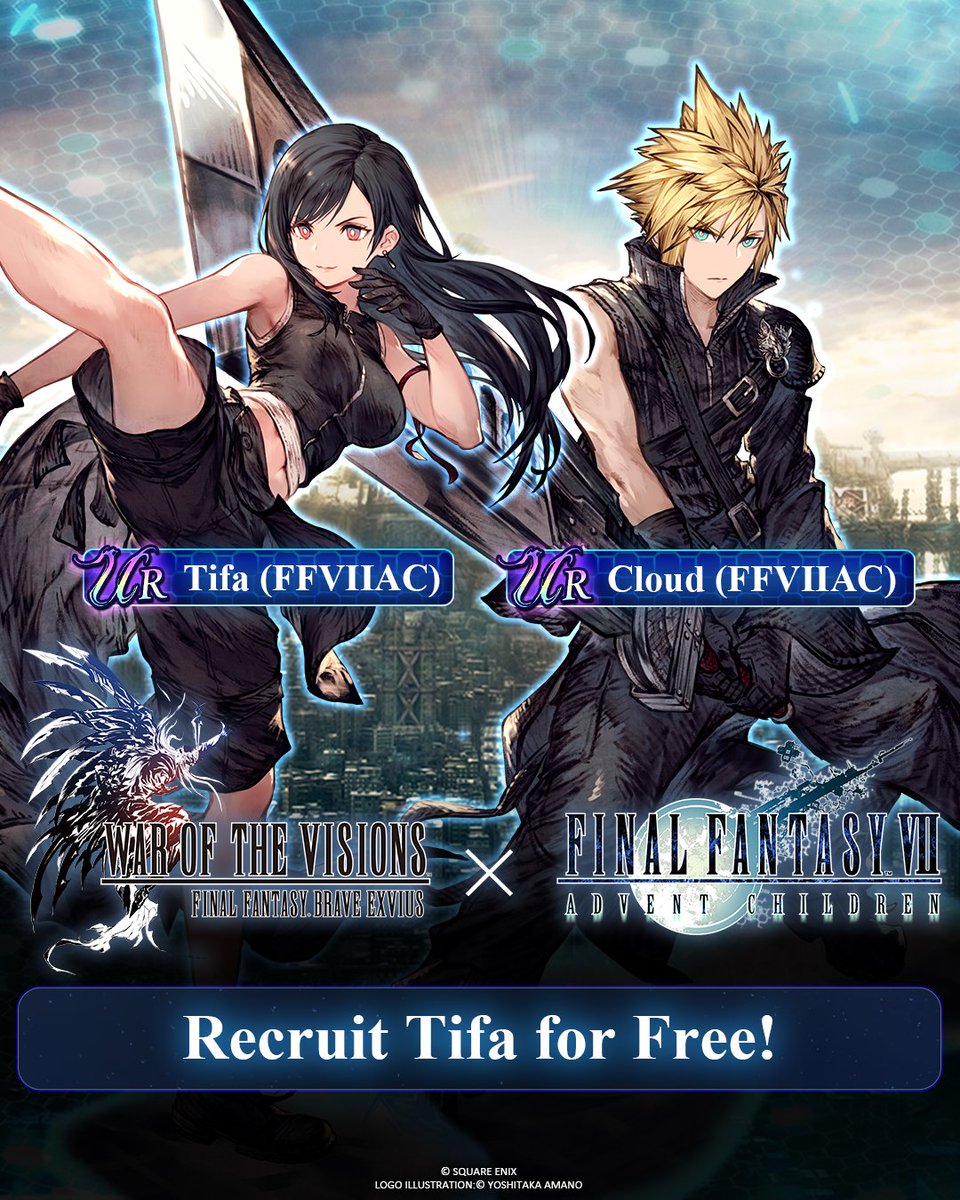 War of the Visions Final Fantasy Brave Exvius x FFVII Advent Children has begun! Log in today and recruit Tifa (FFVIIAC) for free. Follow @wotvffbe for more info! #WOTVFFBE x #FF7AC