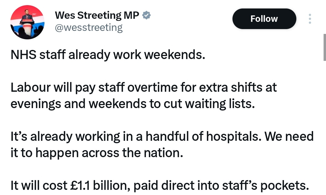 I genuinely don't know whether to laugh or cry. Is Wes Streeting really that clueless about how to deal with the NHS? Yes, he clearly is! Someone please tell Wes that we already get paid overtime for extra shifts at the evening and weekends. I am doing one now! 🤦🏽