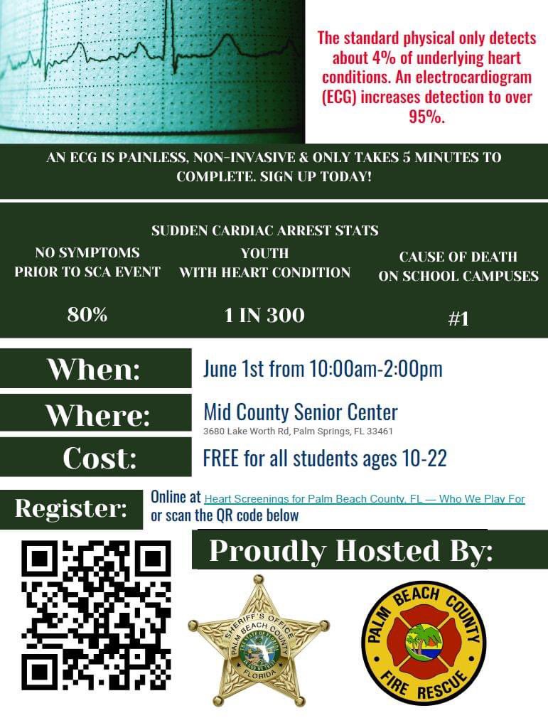 Save the Date! 🗓️ We partnered with Palm Beach County Fire Rescue to host a Free Heart screening for students ages 10-22 on June 1st from 10 am to 2 pm at The Mid County Senior Center in Palm Springs. For those interested, register online with the QR code. Don't miss this