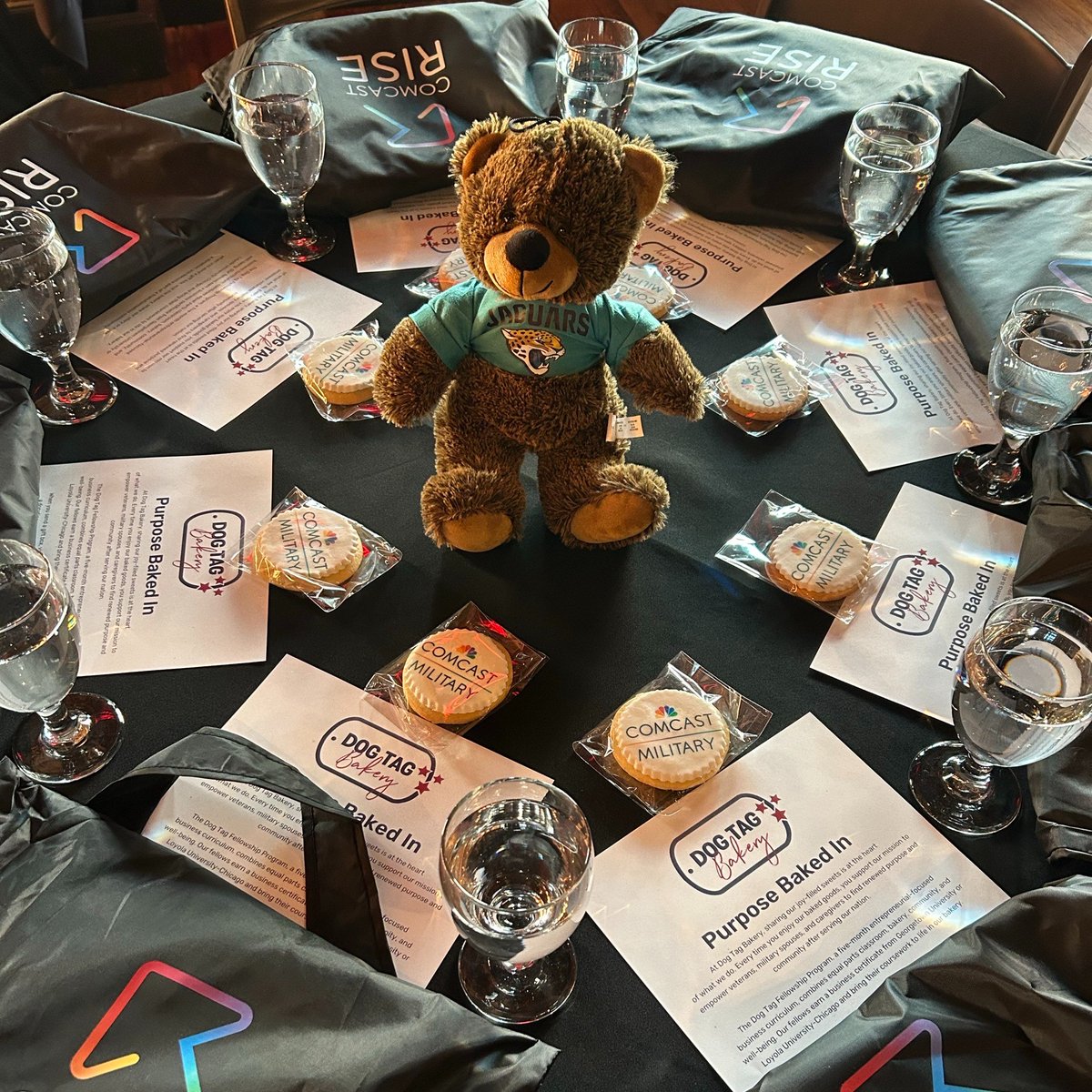 Our Dog Tag cookies took a trip down to Jacksonville, FL to the @comcast #RISE event, with a special appearance by the @jaguars bear to support diverse entrepreneurs, and veteran-owned businesses. We’re proud to work with partners that lift up military families and communities.