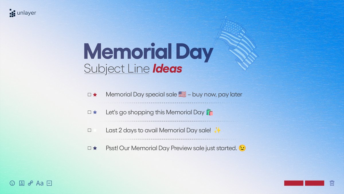 Thinking of Memorial Day email subject lines that can boost engagement? 🇺🇸 We have some ideas for you.💡

#MemorialDayEmails #EmailMarketingTips #CreativeCampaigns #HolidayPromotions #MemorialDayWeekend