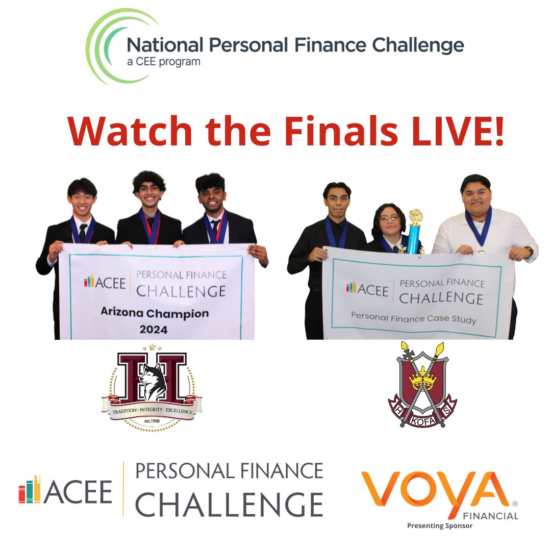 Join us live on YouTube TODAY at 11:15am AZtime for the National Personal Finance Challenge! We're excited to have two AZ teams in the semi-finals. Tune in to see if they make it to the final round! @Hamilton_High, @ChandlerUnified @KHSKingsNews, @YUHSD youtube.com/watch?v=6g2sGK…