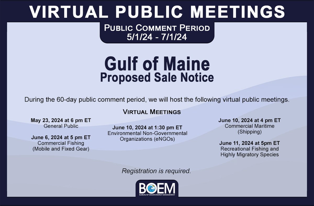 Listening to the needs of ocean users and communities is a critical part of our leasing process. Join us during our virtual public meetings to share your input on the Gulf of Maine Proposed Sale Notice. Details: ow.ly/1oqN50RNvjt