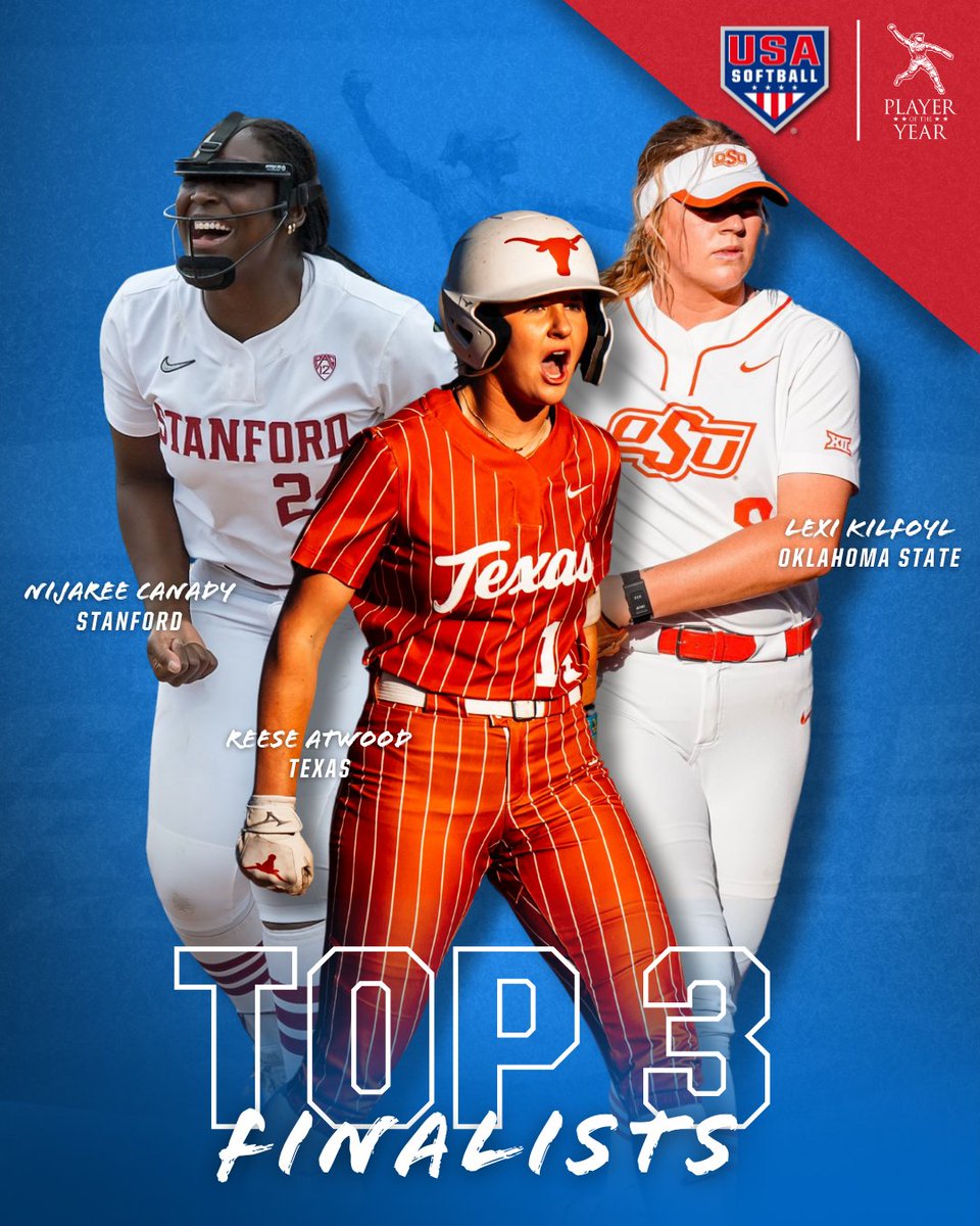 The final 𝙏𝙃𝙍𝙀𝙀 🔥 #USASoftball has announced the 𝗧𝗼𝗽 𝟯 𝗙𝗶𝗻𝗮𝗹𝗶𝘀𝘁𝘀 for the 2024 Collegiate Player of the Year Award 🏆 📃: go.usasoftball.com/PoY3 @TexasSoftball | @StanfordSBall | @CowgirlSB