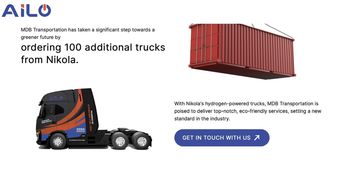HUGE NEWS: Ailo Logistics has ordered 100 Nikola trucks

MDB Transportation, sister company to @AjrTrucking (who has 50 Tre FCEVs on order) rebranded to Ailo Logistics

From their website, unclear if this includes the AJR order, sounds like it doesn’t since it says “additional”👇