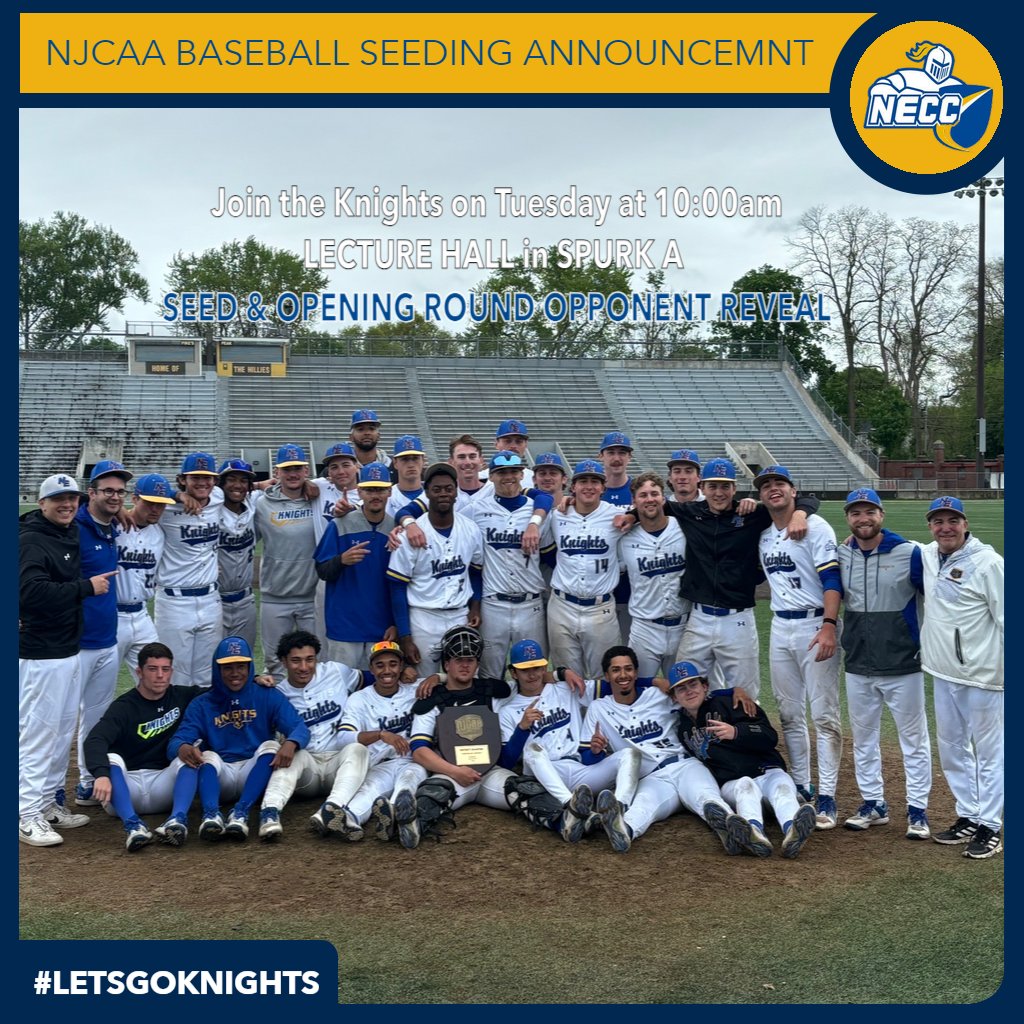 Join the Knights baseball team tomorrow at 10:00am in Lecture Hall A of Spurk as they will learn their @NJCAABaseball World Series seed and opening round opponent for Saturday. @northernessex @NEKnightsBase @BurtTalksSports @RochieWBZ