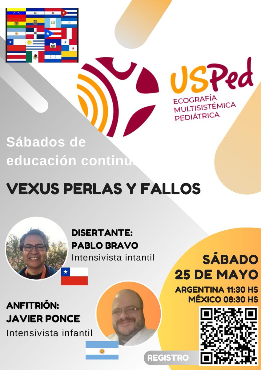 Sábados de #POCUS🎙️Presenta: “#VEXUS Perlas y Fallas”🔊🔇 Evalúa la parte venosa ✅ sin errores ❌. Ponente: Dr. Pablo Bravo 🇨🇱 #PedsICU Anfitrión: @javierponce76 🇦🇷#MedEd 🗓️25/05 con USPed. Registró en Código QR.