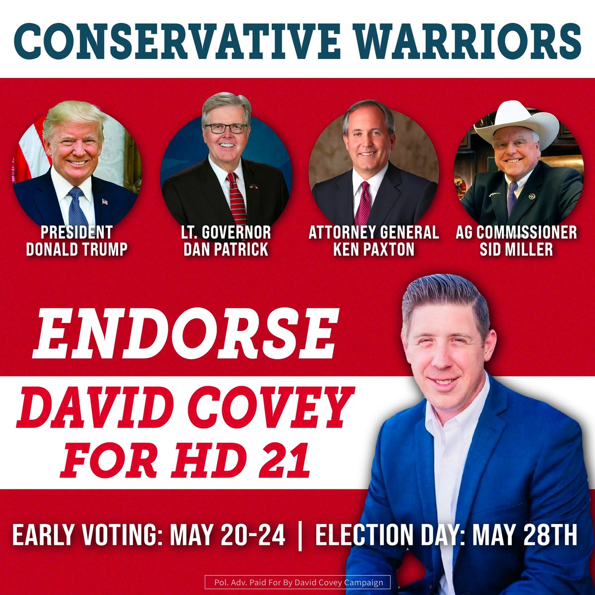 Early Voting begins TODAY!   Conservative leaders including President Trump, Lt. Governor Dan Patrick, Attorney General Ken Paxton, and Ag Commissioner Sid Miller have endorsed me for Texas House because they know I will always fight for YOU!   Make a plan to vote before the