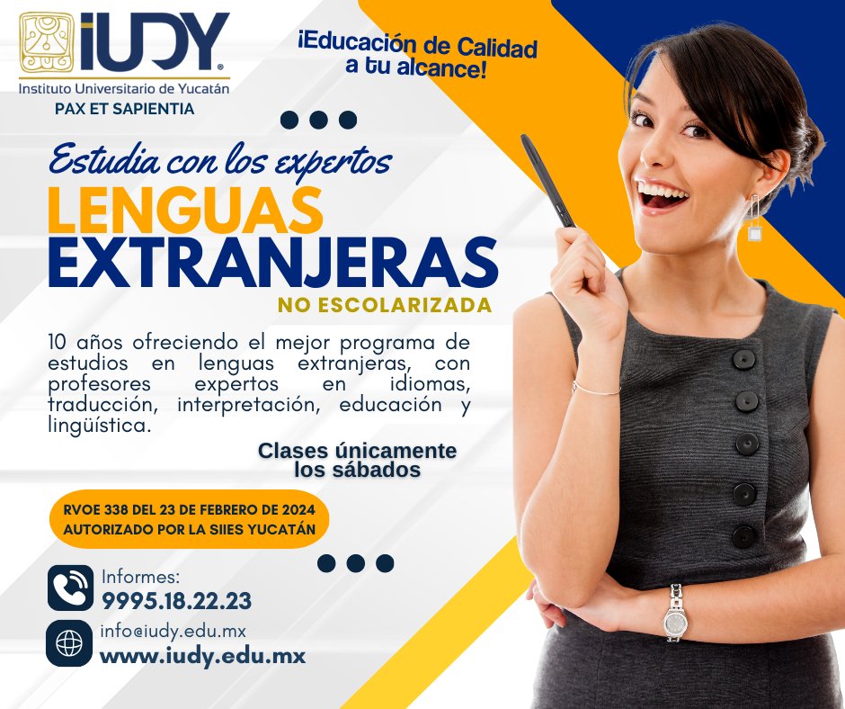 iudymx's tweet photo. ¿Deseas continuar tus estudios, pero te falta tiempo?   Estudia únicamente los sábados en las licenciaturas no escolarizadas del Instituto Universitario de Yucatán:  Ciencias de la Educación y Lenguas extranjeras. https://t.co/TMfRV6X2IR