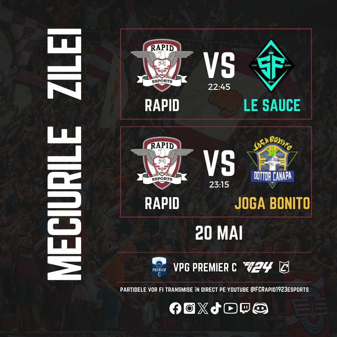 📅Monday, May 20th, 2024

🏆<a href="/VPGBalkan/">Virtual Pro Gaming Balkan™️</a>
🆚 Sloboda eSport 🕑22:00
🆚 <a href="/APOELFCEsports/">APOEL FC Esports</a>  🕑22:25 

🏆<a href="/VPGPremier/">VPG Esports Premier</a>
🆚 @LeSauceFIFA 🕑22:45
🆚 <a href="/JogaBonitoIT4/">Joga Bonito IT4</a> 🕑23:15

Watch on YouTube: Rapid eSports TV.