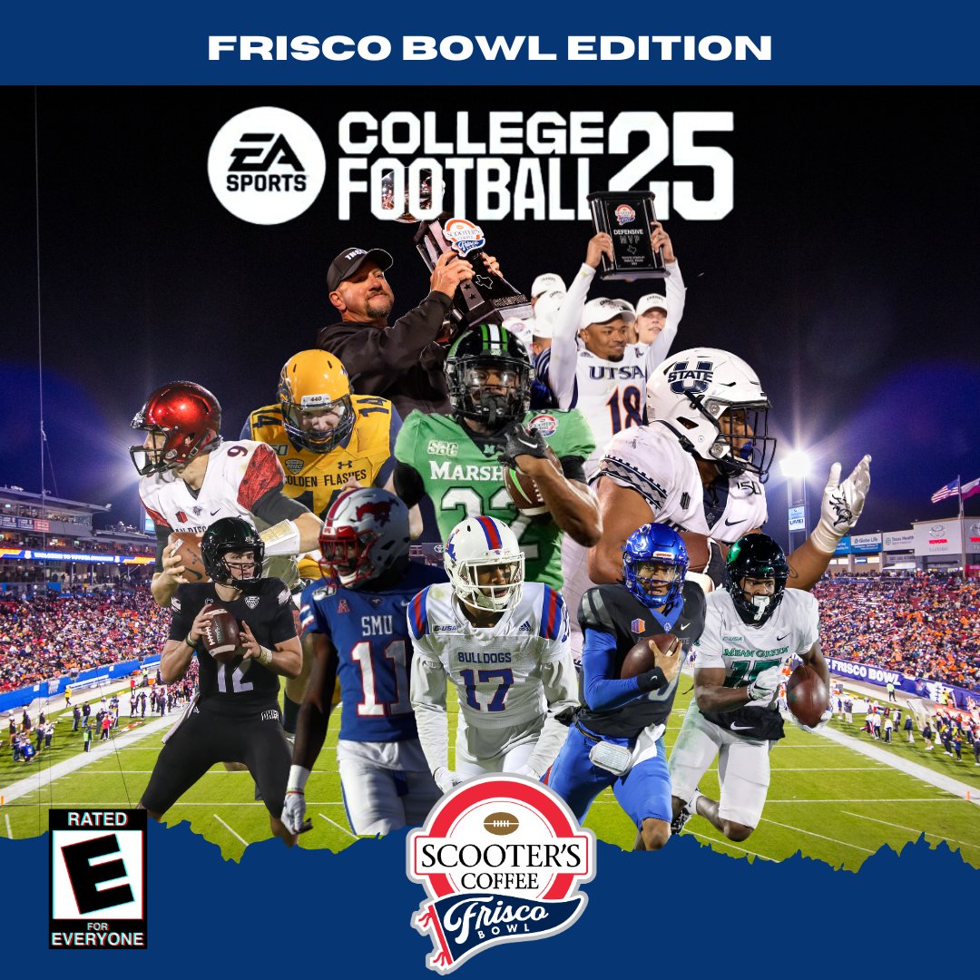 🎮🏈 WE'RE IN THE GAME! The new College Football 25 game from @easpotscollege will feature the Scooter’s Coffee Frisco Bowl!🙌 Check out some past alumni on our mock “Frisco Bowl” edition cover. Which team will you use to lift our trophy? 🏆 #scooterscoffeefriscobowl #cfb #ea