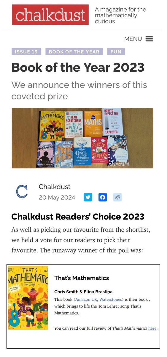 …Book of the Year…
…The Runaway winner…
…Chalkdust Readers’ Choice 2023…

           ‘That’s Mathematics’ 

#ThatsMathematics ❤️