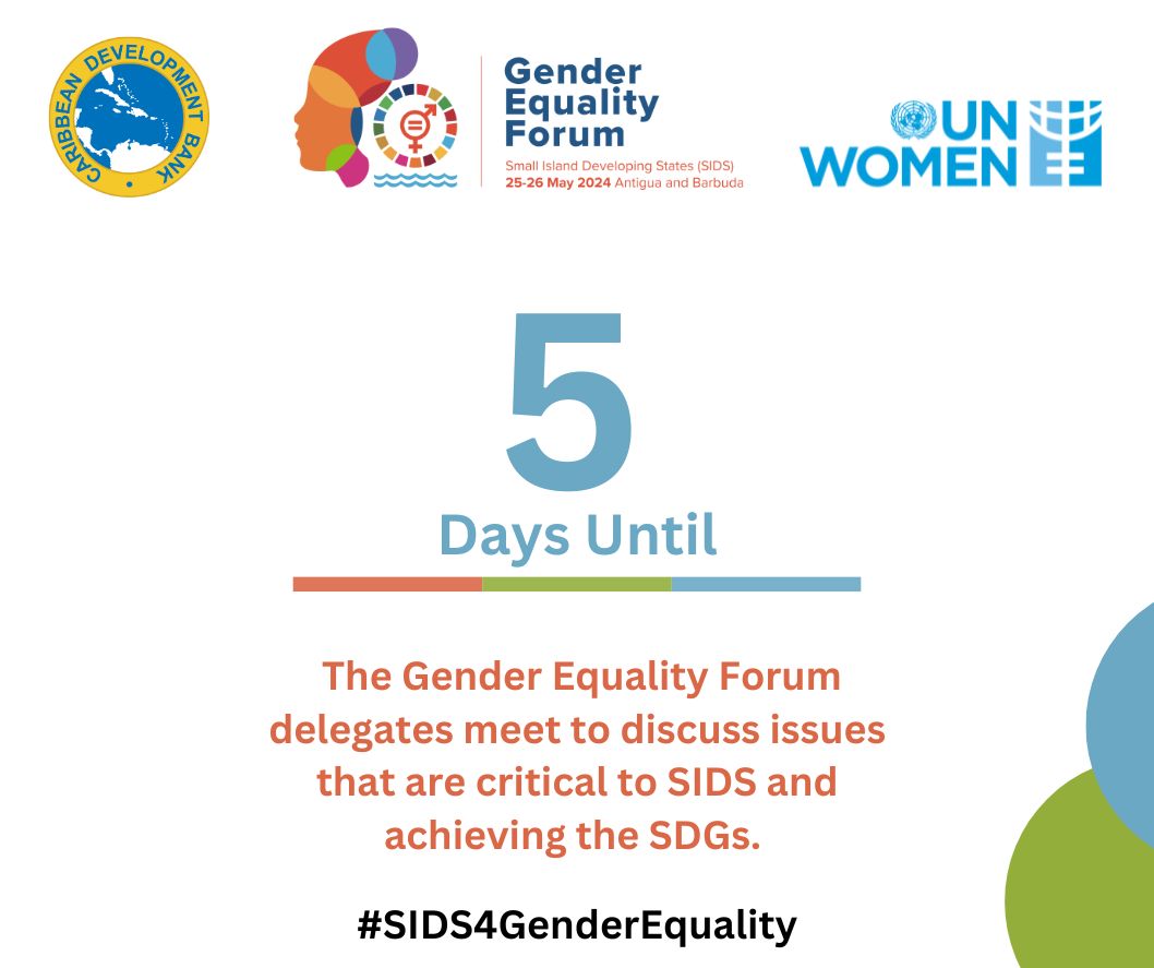 5 days until 200 women and men meet to discuss how gender equality can support the revitalisation of SIDS economies. #SIDS4GenderEquality Forum @SIDS4AB @CaribbeanUN @caribank @GAC_Corporate @MFATNZ @dfat @PAHOCaribbean @UNDRR @CaribbeanUNESCO @ParlAmericas @ITC_SheTrades