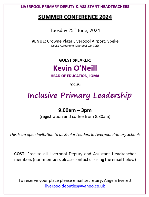 LiverpoolDeps's tweet photo. We are extremely excited to share the details of our Summer Conference!

@Kevin_Inclusion will be bringing a wealth of experience and ideas to the event, so be sure to have your questions and topics for discussion!

For further information, please email the address shared below. https://t.co/rglOl7fQqk