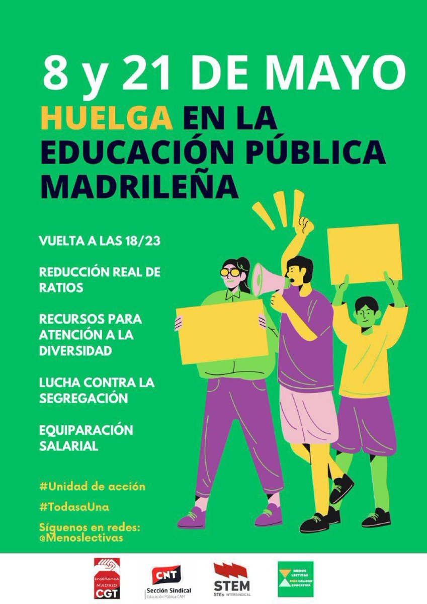 El Consejero <a href="/EVicianaDuro/">Emilio Viciana</a> nos quiere dividir hablando únicamente de la reducción a 18h. No se le olvidan casualmente las 23h de Infantil y Primaria. Queda mucha lucha y por eso mañana toca visibilizar las demandas que hacemos las maestras #NoSinInfantilyPrimaria <a href="/Menoslectivas/">Asamblea Menos Lectivas #SalvemosLaPública</a>