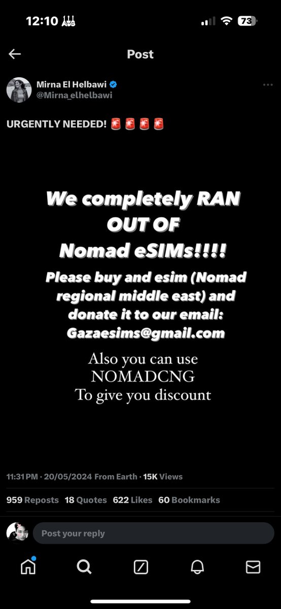 Mirna just posted that #ConnectingGaza have completely ran out of Nomad eSIMs, let’s please push more donations for this week’s NOMADTUE PLEASEEE  we are begging of you to not let Palestinians get disconnected 🙏🏼