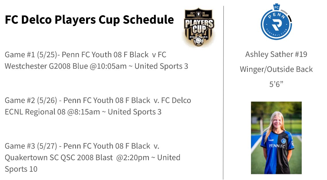 AshleySather19's tweet photo. Exited to be competing in FC Delco this upcoming weekend! Schedule below 👇 @GCC_WSoccer @GeneralsWSoccer @HCFords_WSoc @DenisonWSoccer @fandmWSOC @SkidmoreSoccer @ImCollegeSoccer  @PrepSoccer @TopDrawerSoccer https://t.co/7gs98c0fmB