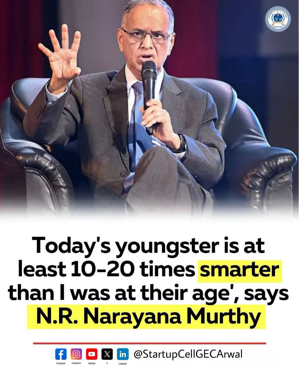 'Today's youngsters are at least 10-20 times smarter than I was at their age.' - N.R. Narayana Murthy

#Inspiration #YouthPower #FutureLeaders #Innovation #Wisdom #TechLeaders #Motivation #NarayanaMurthy #StartupCulture #Leadership #NextGen #Entrepreneurship #TechSavvy