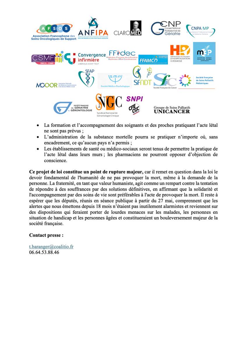 21 organisations soignantes de tous métiers et toutes disciplines disent ensemble leur immense inquiétude devant le projet de loi le plus permissif au monde voté par la commission spéciale. A diffuser largement.