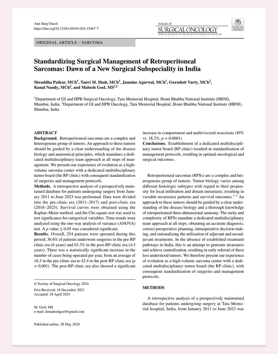 Hepbilisurg_TMH's tweet image. Glad to share the largest study from India on RP sarcomas. Year 2017, when a dedicated RP tumor service began at TMH under the leadership of @drmgoel. @Shraddha_234 led the MDT with inception of &apos;RP Clinic&apos; in 2018. This puts us on the world map!

Link 👇🏽
link.springer.com/article/10.124…