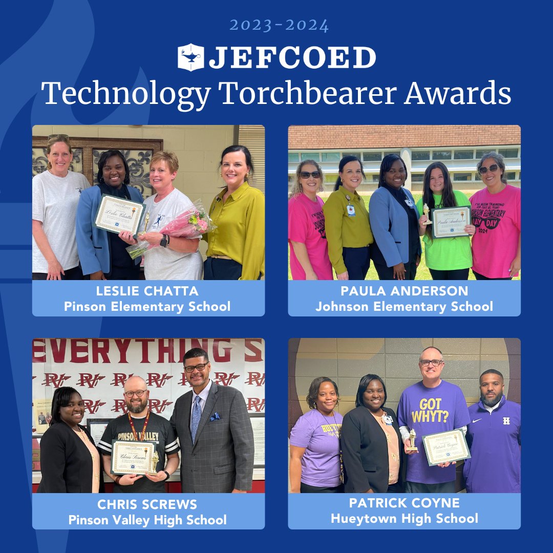 Bravo! 👏 2024 #JEFCOED Technology Torchbearer Award Winners! 🔥🏆Leslie Chatta @PinsonElem, Paula Anderson @KJEschool, Patrick Coyne @HueytownThe, & Chris Screws @PVHigh Your outstanding integration of technology in the classroom makes learning fun! @JEFCOEDTech