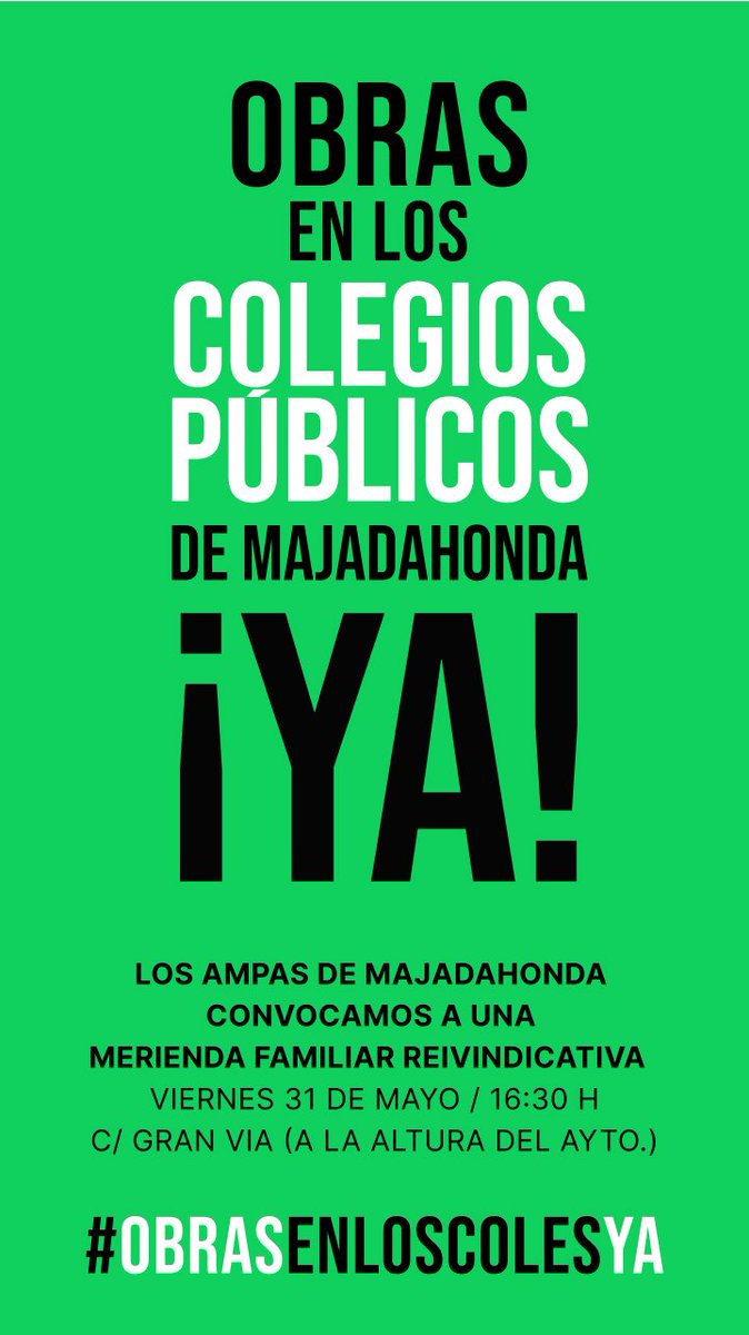 Exigimos obras en los colegios públicos de Majadahonda YA.
<a href="/MajadahondaAyto/">Ayuntamiento de Majadahonda</a> <a href="/Lola_Moreno__/">Lola Moreno</a> <a href="/ComunidadMadrid/">Comunidad de Madrid</a> <a href="/IdiazAyuso/">Isabel Díaz Ayuso</a> <a href="/MajadahondaNews/">Noticias Majadahonda</a> <a href="/VOX_Majadahonda/">VOX Majadahonda</a> <a href="/PPMajadahonda/">PP Majadahonda</a> <a href="/psoemajadahonda/">PSOE-Majadahonda</a> <a href="/ampafgl/">AMPA Federico García Lorca - Majadahonda</a>