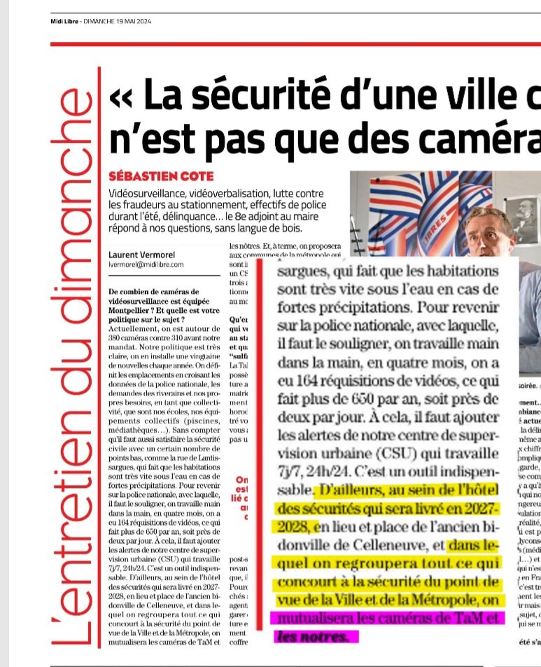 2️⃣ Les allégations mensongères de l'adjoint à la sécurité dans <a href="/MLMontpellier/">Midi Libre Montpellier</a> :
NON,
Les systèmes de videosurveillance ville, métro, <a href="/TaMVoyages/">tamvoyages</a> n'ont pas à être mutualisés, nous l'avons déjà fait en mars 2019,  desservant aussi <a href="/PoliceNat34/">Police nationale 34</a> &amp; <a href="/Prefet34/">Préfet de l'Hérault 🇫🇷</a>
#imposture
#Montpellier
