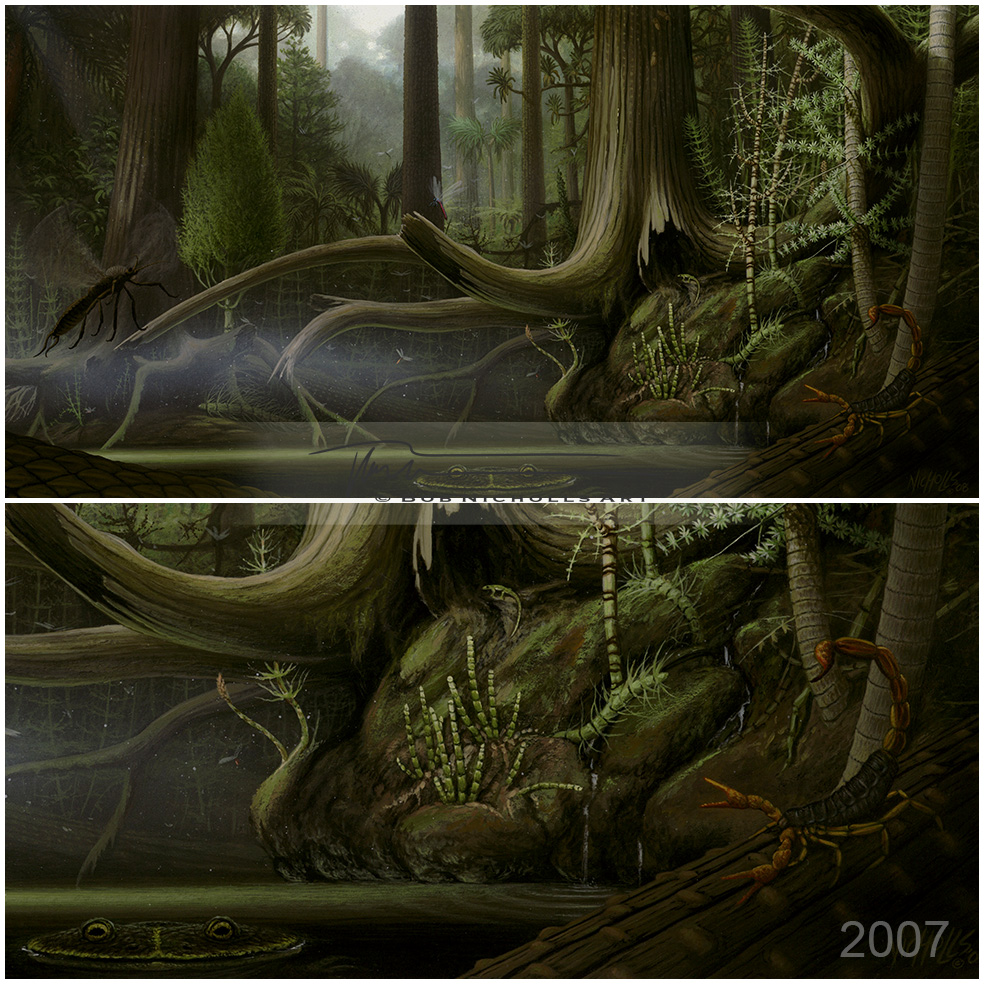 My 25 years of palaeoart chronology...

A Carboniferous coal forest scene for a book published in 2007, I called it GREEN POND. I forget the title of the book but the author was Alistair Bowden.

#SciArt #SciComm #Dinosaurs #PalaeoArt #PaleoArt