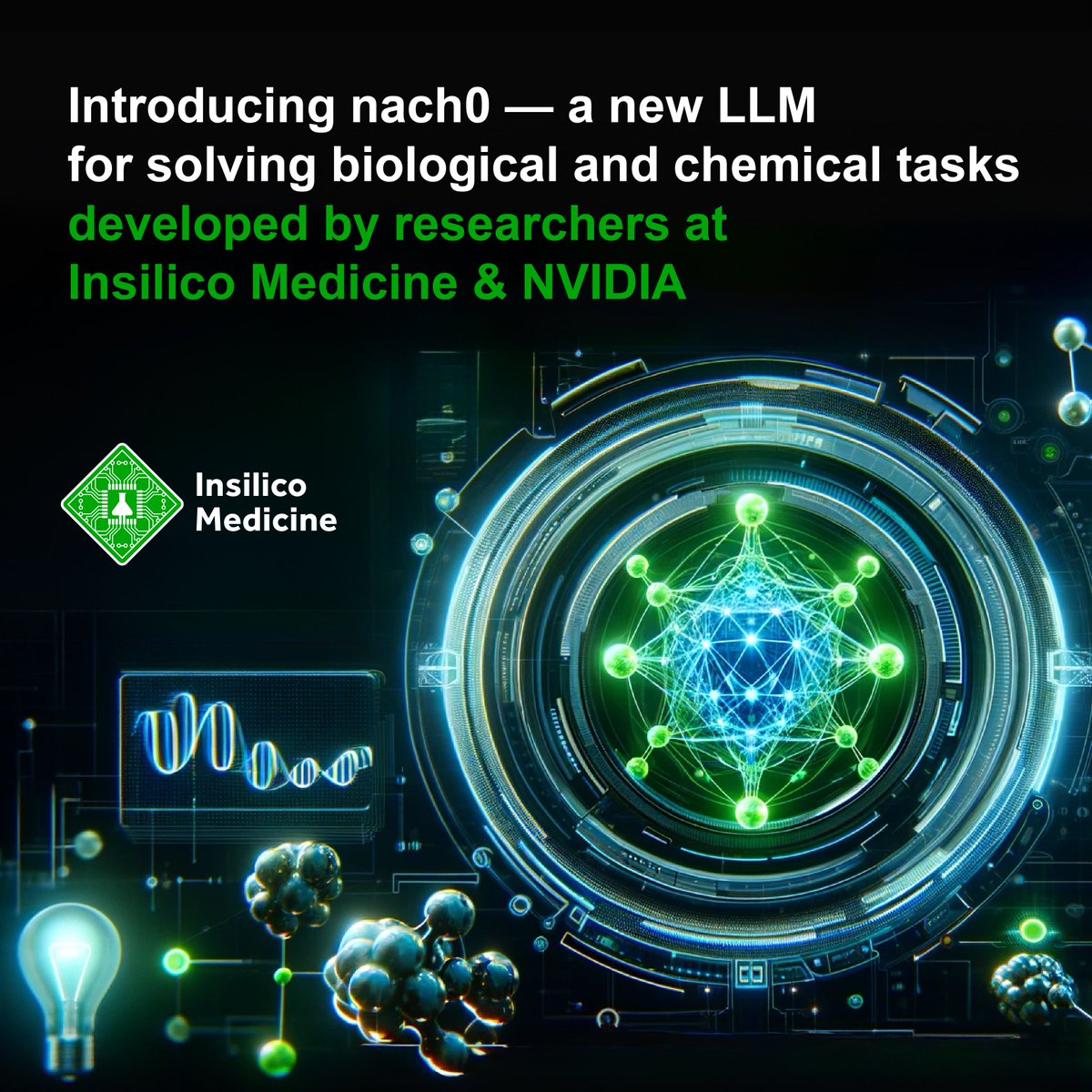 InSilicoMeds's tweet photo. Presenting nach0 - a new #LLM transformer trained on natural language, synthetic route prediction &amp; molecular generation that can answer biomedical questions &amp; synthesize new molecules. From researchers at Insilico &amp; @nvidia. Findings in @ChemicalScience. https://t.co/Xm2tUpnNuK https://t.co/qga5QSCulp