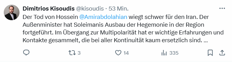 Auch Chrupallas Grundsatzreferent Dimitrios Kisoudis trauert um einen der gestern ums Leben gekommenen Angehörigen des Mullah-Regimes. Er lobt den iranischen Außenminister für den 'Ausbau der Hegemonie in der Region'. 🤦