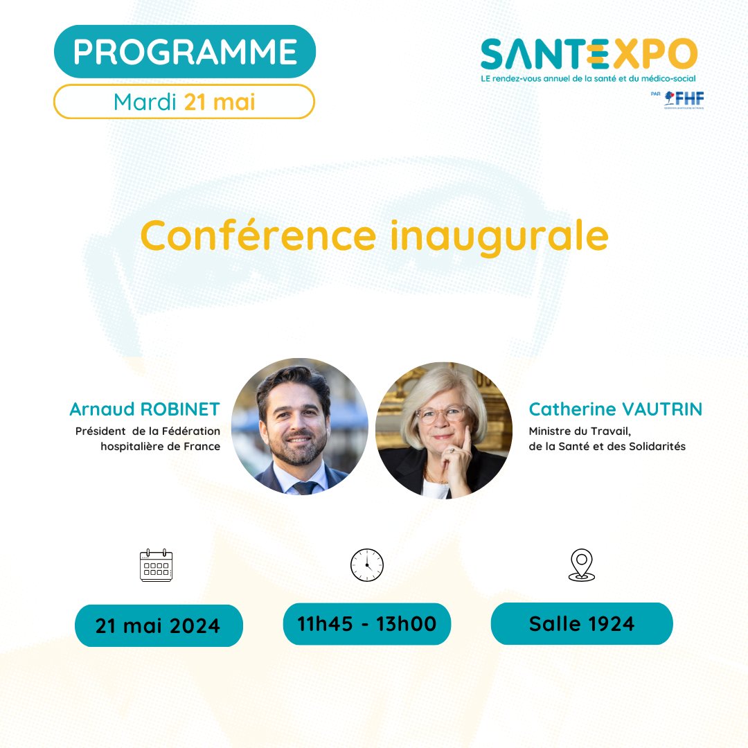 #SantExpo, c’est demain ! Ne manquez pas la conférence inaugurale avec @ArnaudRobinet, Président de @laFHF et Madame @CaVautrin, ministre du Travail, de la Santé et des Solidarités. Inscrivez-vous ➡️santexpo.com/salon-santexpo… #innovation #santé #hopital #health #médicosocial #FHF