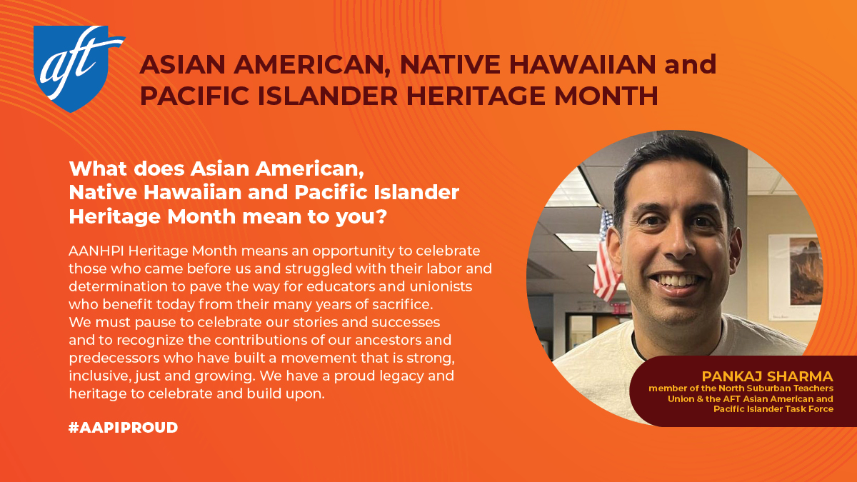 AFTunion's tweet photo. "We must pause to celebrate our stories and successes and to recognize the contributions of our ancestors and predecessors who have built a movement that is strong, inclusive, just and growing." — @NSTU1274 member Pankaj Sharma shares he's #AAPIProud this #AANHPIHeritageMonth. https://t.co/xXgTea15nB
