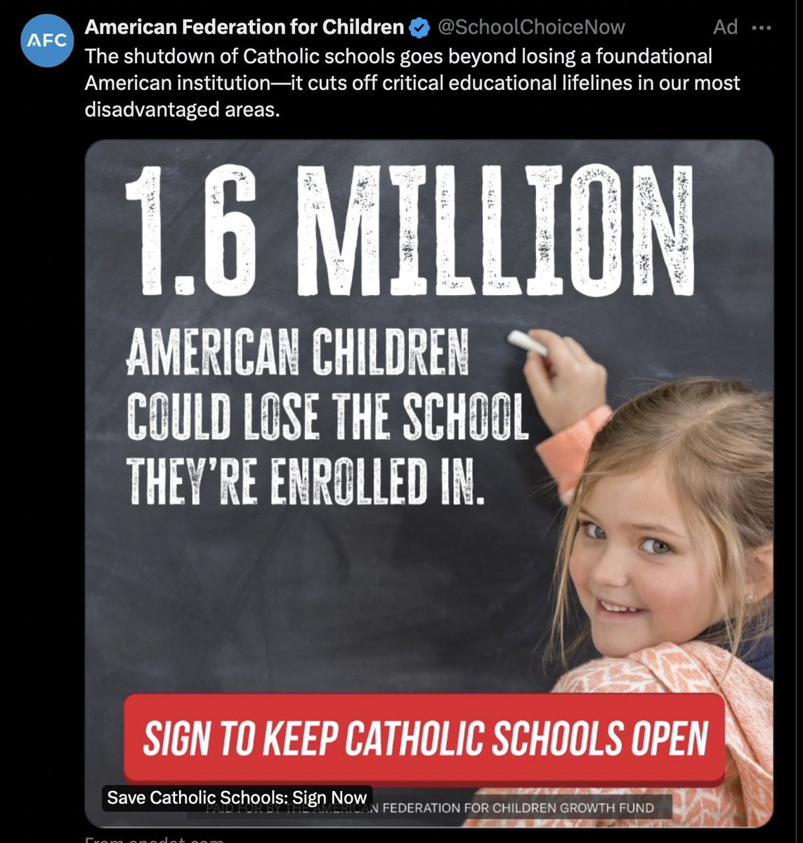 This is rich! AFC who lobbies for vouchers, saying public school closures are a result of free-market forces, now is fundraising by stoking fear that Catholic Schools are in danger of closing unless they get tax funded vouchers, calling them "a foundational American Institution."