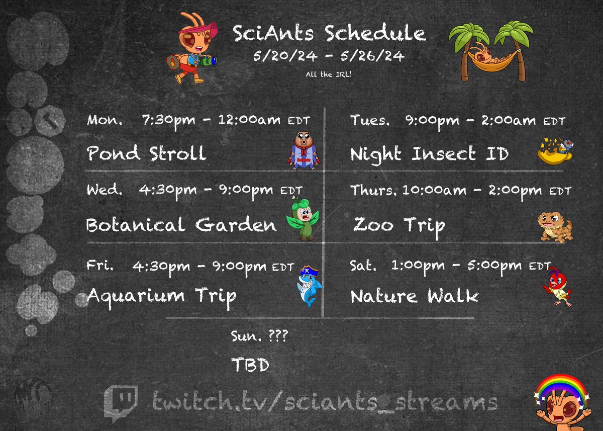 #SciAnts stream schedule for week is live! IRL science  fun daily for our amazing community. Week of 5/20/24. Hope to see you there!

#scicomm #stem #twitchstreaming #twitchpartner #twitch #twitchstreamer #live #livestream #TwitchStreamers #twitchtv

twitch.tv/sciants_streams