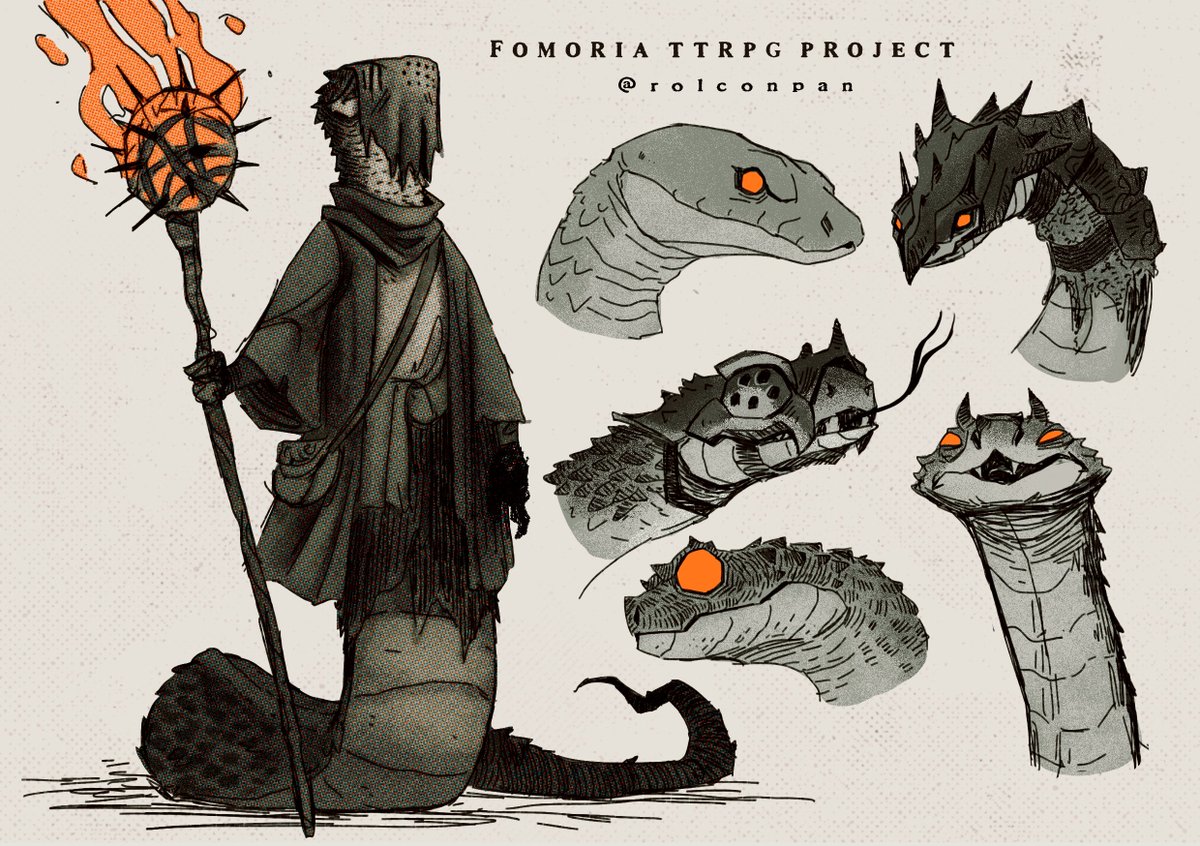 Some quick sketches of the snake folk of Fomoria, the Valiskar. 

I love snakes. Don't tell anyone.

#ttrpgs #mörkborg #ttrpgcommunity #ttrpgart