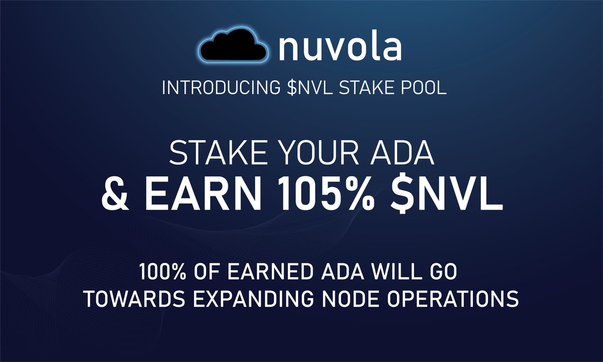 NuvolaDigital's tweet photo. Introducing $NVL Stake Pool:

Stake your ADA and earn staking rewards in $NVL.
100% of ADA rewards will go towards expanding node operations.

Pool Ticker: NVL
Pool ID: pool1uu65k00dp467qsszmqwl6udwnet3zszgx8n3kmn2aq84sae8ha9

Delegate now: ☁️🤝 https://t.co/sHyWL4PFYr
