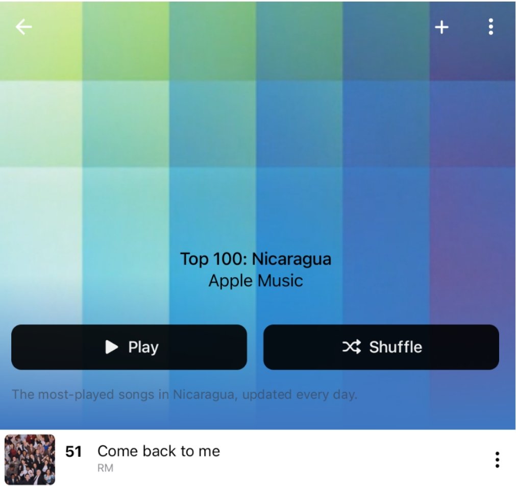 📊. Top 100: Nicaragua Apple Music 
51. Come back to me

Team Manzanitas Nicas dándolas todas, excelente trabajo 

Si deseas más información sobre cómo hacer stream en Apple Music envíanos un DM 💜