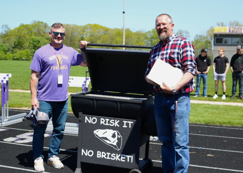 Sheboygan Falls High School ended Spring Spirit Week with an entertaining Pep Rally on Friday (the Seniors last Spirit Week and Pep Rally).  Mr. Zablocki was gifted a grill from Mr. Teunissen and the Project GRILL students!  Falcon Pride!