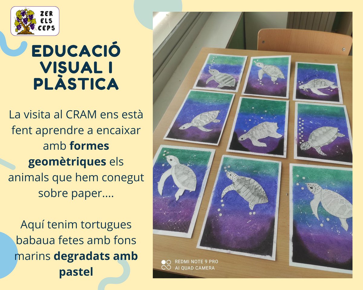 Creacions de l'alumnat de Cicle Mitjà. Tortuga amb formes geomètriques i amb fons degradat. #plastica #zerelsceps #escolarural #tortuga #CRAM #educacioprimaria