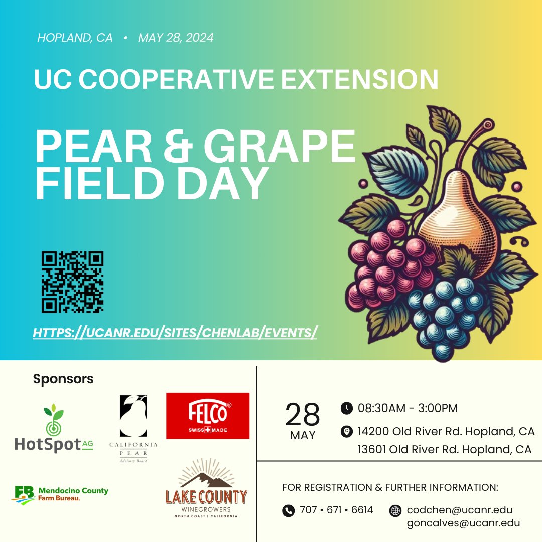 Register for UCCE North Coast Viticulture - Pear and Grape Day

May 28 @ 8am - 3pm
Tickets $35
Registration Link:  surveys.ucanr.edu/survey.cfm?sur…

Lunch and a gift from our sponsors are included for those that attend!