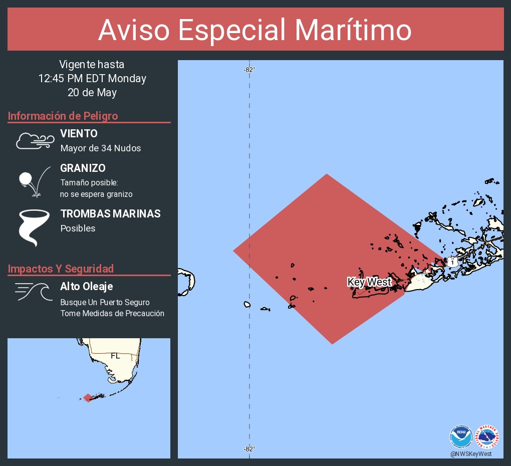 Aviso Especial Marítimo incluye Aguas del Golfo desde el Este de Cabo Sable a Chokoloskee 20 a 60 MN hacia afuera y pasando 5 Fathoms y Golfo de México desde el Final Oeste del Puente Seven Mile a Halfmoon Shoal más allá de 5 Fathoms hasta las 12:45 PM EDT