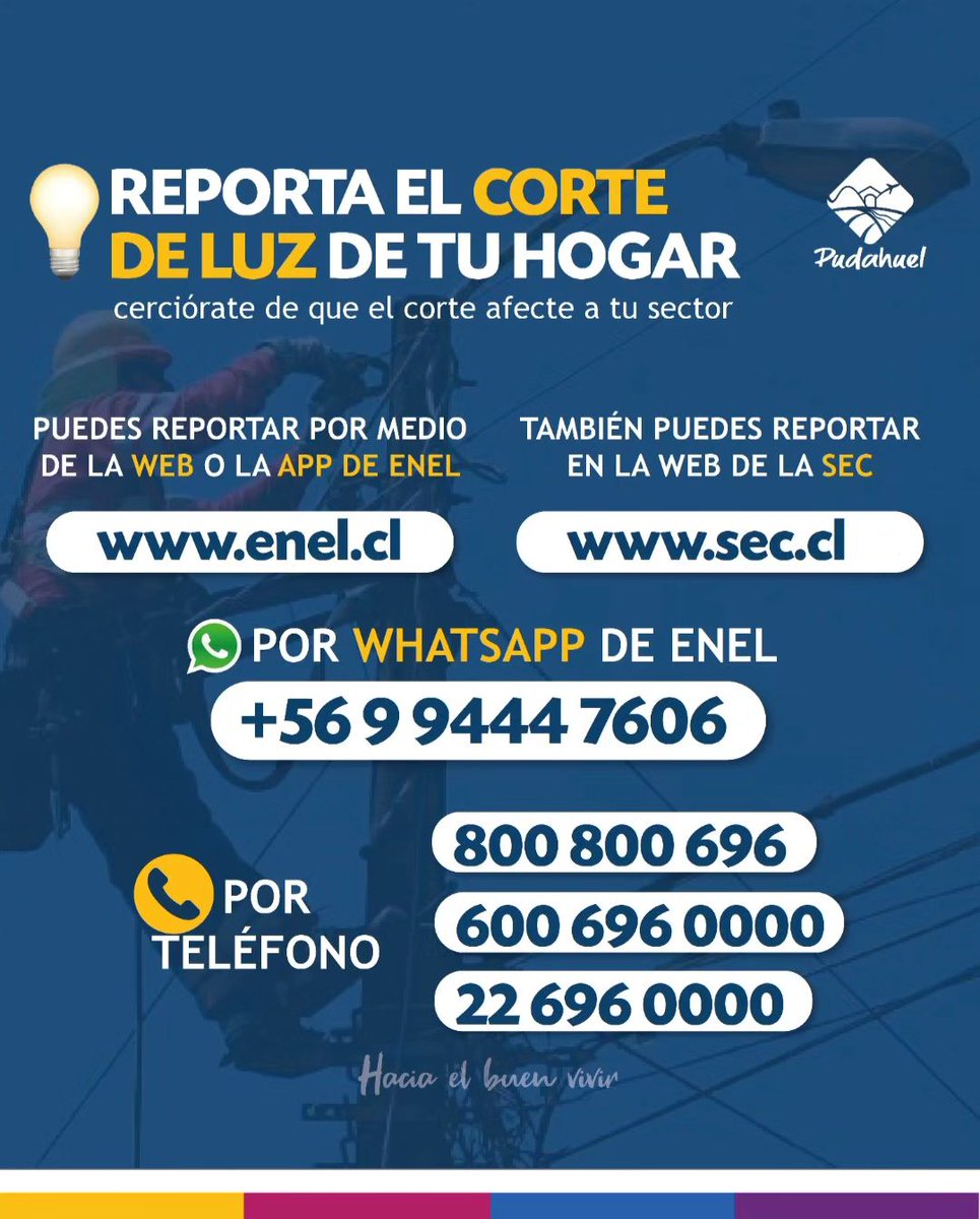 impudahuel's tweet photo. ¡OJO SI SE TE CORTA LA LUZ!
Ante frente meteorológico y probabilidades de cortes de electricidad, ten a mano los canales de contacto para reportar estos eventos y poder contar nuevamente con el suministro de energía en tu hogar
Con prevención, avanzamos 
#UnidosPorElBuenVivir https://t.co/7Z90QMpBIf