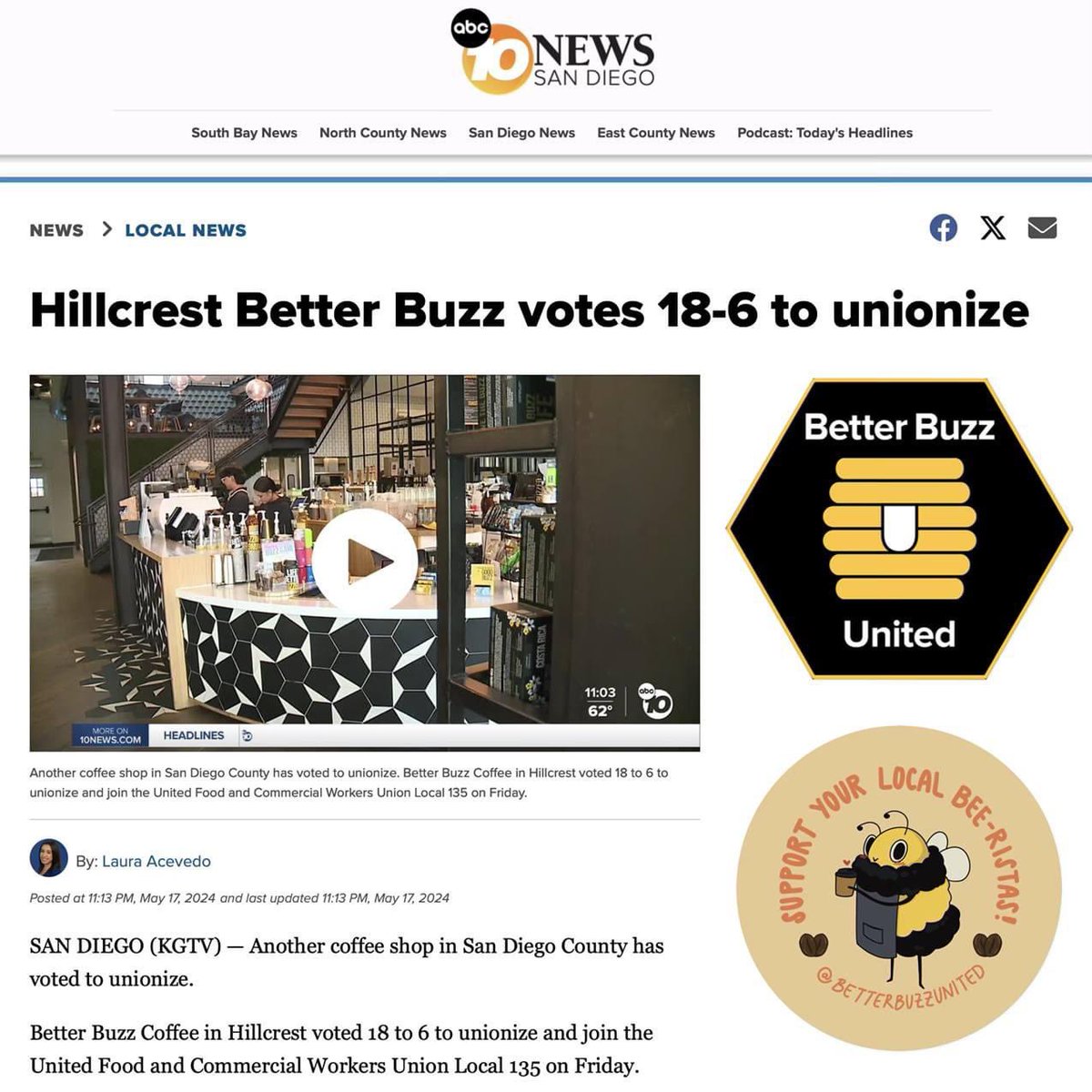 Better Buzz Coffee in Hillcrest voted 18 to 6 to unionize and join the United Food and Commercial Workers Union Local 135 on Friday. Read and watch it: 10news.com/news/local-new…
